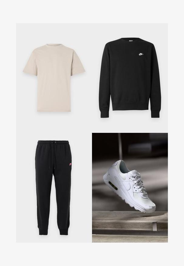Svart sweatshirt i bomull med rund halsringning, långa ärmar och en liten vit Nike-logotyp på övre vänstra bröstet.; Beige t-shirt med kort ärm, rundad halsringning, tillverkad av mjukt bomullstextil, med en avslappnad passform och utan synliga mönster eller dekorationer.; Svarta sweatpants i mjukt tyg med elastisk midja, justerbar dragsko och en liten rosa Nike-logga på vänster sida.; Vita Nike Air Max 90 sneakers med en ovandel i mesh och läder, perforerad tåbox och en synlig luftenhet i hälen.