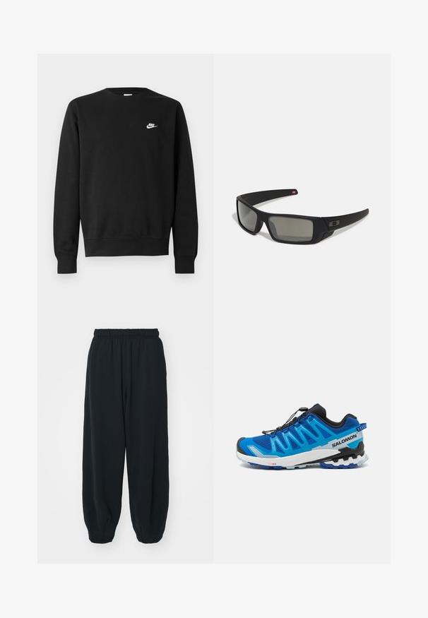 Felpa nera in cotone, con scollo rotondo, maniche lunghe e un piccolo logo Nike bianco sul lato sinistro superiore del petto.; Pantaloni da jogging neri con vita elasticizzata, dalla vestibilità morbida, caviglie a costina, texture liscia e senza motivi visibili o dettagli in metallo.; Scarpa sportiva blu con tomaia in rete, dettagli neri, suola contagrip e un sistema di lacci rapidi. Presenta un tacco piatto e un design a onde.; Occhiali da sole neri con finitura opaca, lenti rettangolari, leggero curvatura sulle tempie, dettaglio logo discreto e lenti color fumo.