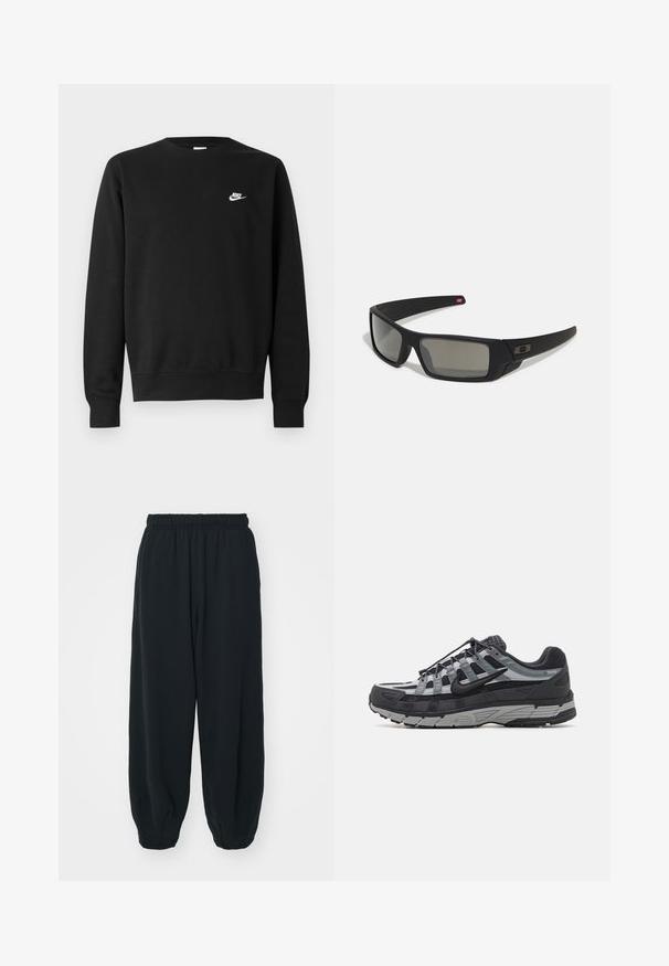 Felpa nera in cotone, con scollo rotondo, maniche lunghe e un piccolo logo Nike bianco sul lato sinistro superiore del petto.; Pantaloni da jogging neri con vita elasticizzata, dalla vestibilità morbida, caviglie a costina, texture liscia e senza motivi visibili o dettagli in metallo.; Sneaker Nike P-6000 in mesh nero e grigio, con una tomaia testurizzata, dettagli riflettenti e una suola in gomma imbottita con un motivo a coste.; Occhiali da sole neri con finitura opaca, lenti rettangolari, leggero curvatura sulle tempie, dettaglio logo discreto e lenti color fumo.