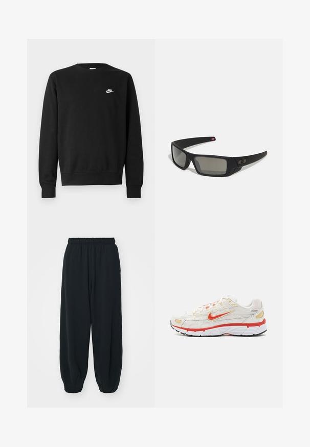 Černá bavlněná mikina s kulatým výstřihem, dlouhými rukávy a malým bílým logem Nike na levé horní části hrudi.; Černé teplákové kalhoty s elastickým pasem, volným střihem, manžetami na kotnících, hladkým povrchem a bez viditelných vzorů či kovových detailů.; Nike Sportswear P 6000 UNISEX - Tenisky - phantom/dragon red/white/black/team gold; Černé sluneční brýle s matným povrchem, obdélníkové čočky, mírná křivka na spáncích, nenápadný detail loga a čočky s kouřovým zabarvením.