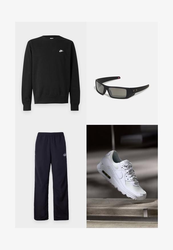 Hanorac negru din bumbac, cu guler rotund, mâneci lungi și un mic logo alb Nike pe partea superioară stângă a pieptului.; Pantaloni atletici negri cu talie elastică, croială liberă și detaliu cu logo în partea stângă jos. Realizați dintr-un material ușor și neted.; Adidașii Nike Air Max 90 albi, având un superior din plasă și piele, cutie pentru degete perforată și o unitate de aer vizibilă în călcâie.; Ochelari de soare negri cu o finisare mată, lentile dreptunghiulare, curbură ușoară pe bănci, detaliu subtil cu logo și lentile cu tentă fumurie.