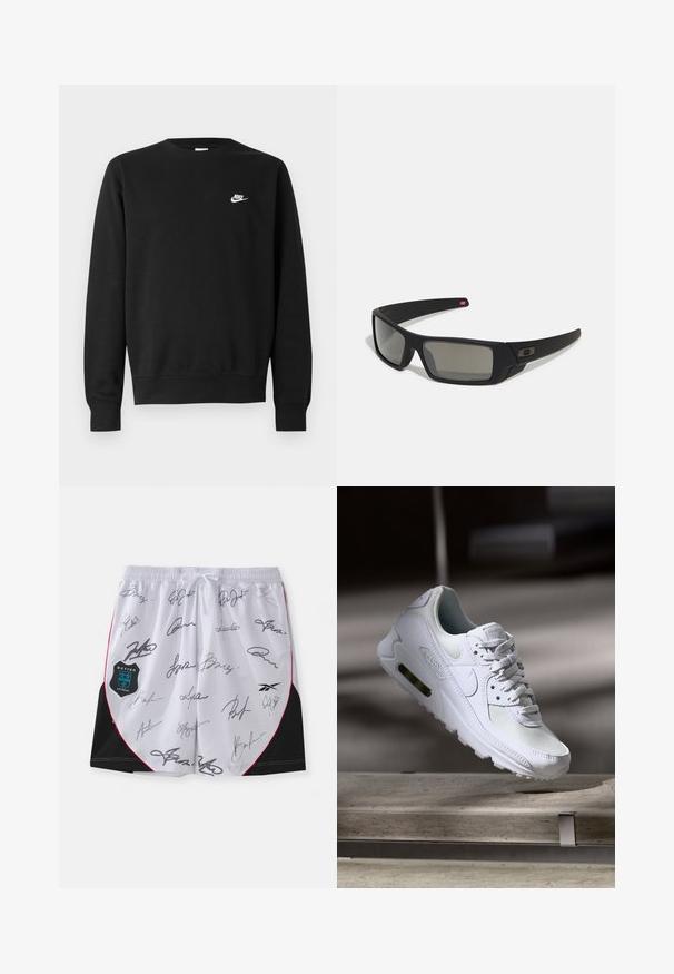 Černá bavlněná mikina s kulatým výstřihem, dlouhými rukávy a malým bílým logem Nike na levé horní části hrudi.; Bílé šortky s černými akcenty a červenými detaily, které mají několik černých podpisů. Na levé straně obsahují logo botter Antwerp.; Bílé tenisky Nike Air Max 90 s vrchním materiálem z textilu a kůže, perforovanou špičkou a viditelnou vzduchovou jednotkou v patě.; Černé sluneční brýle s matným povrchem, obdélníkové čočky, mírná křivka na spáncích, nenápadný detail loga a čočky s kouřovým zabarvením.