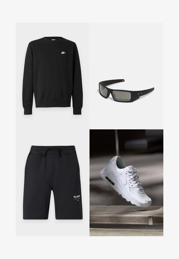 Sudadera negra de algodón, con cuello redondo, mangas largas y un pequeño logo blanco de Nike en el pecho superior izquierdo.; Pantalones cortos de algodón negros con cinturilla elástica, cordón y detalles de logotipo en blanco. Textura suave y diseño de largo hasta la rodilla.; Zapatilla Nike Air Max 90 blanca con parte superior de malla y cuero, caja de puntera perforada y unidad de aire visible en el talón.; Gafas de sol negras con acabado mate, lentes rectangulares, ligera curvatura en las patillas, sutil detalle del logo y lentes ahumados.
