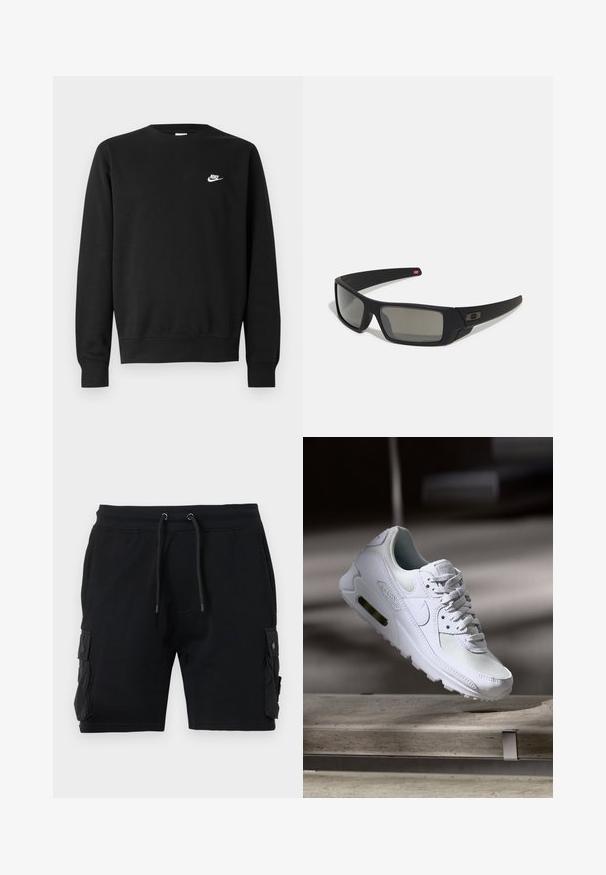 Zwarte sweater van katoen, met een ronde hals, lange mouwen en een klein wit Nike-logo aan de bovenkant van de linkerborst.; Zwarte cargoshorts van een katoenmix, voorzien van twee zijzakken, een verstelbare tailleband met trekkoord en een gladde textuur.; Witte Nike Air Max 90 sneaker met een bovenwerk van mesh en leer, een geperforeerde teenbox en een zichtbare luchtunit in de hiel.; Zwarte zonnebril met een matte afwerking, rechthoekige glazen, een lichte kromming op de slapen, subtiele logodetails en rookgetinte glazen.