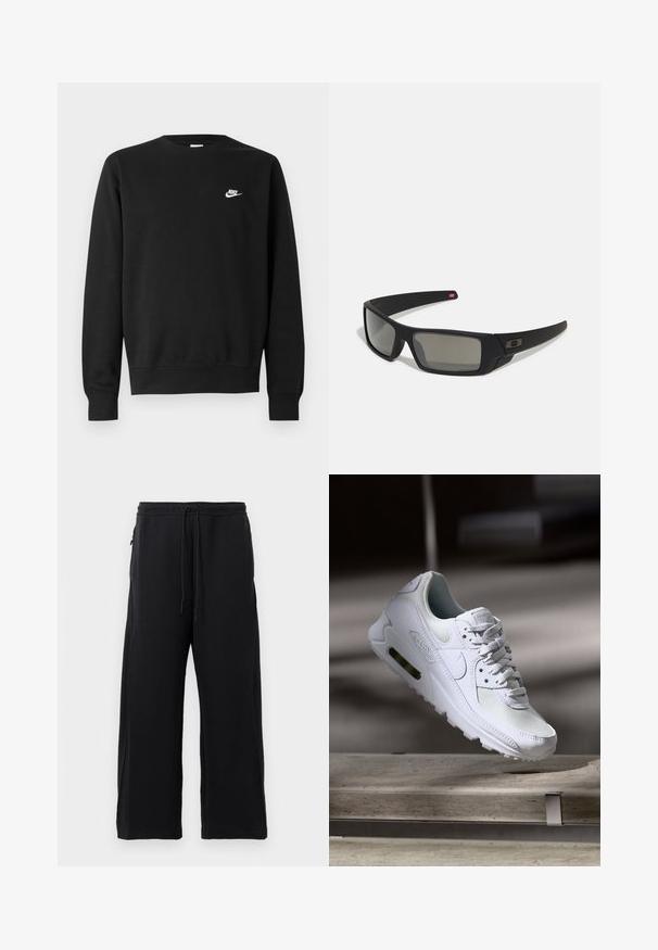 Črni pulover iz bombaža z okroglim izrezom, dolgimi rokavi in majhnim belim logotipom Nike na zgornjem levem delu prsnega koša.; Črne trenirke iz mehkega blaga, z vrvico v pasu, širokim krojem nog in stranskimi žepi z gladko teksturo.; Bela Nike Air Max 90 športna obutev z mrežastim in usnjenim zgornjim delom, perforiranim prstnim delom in vidno zračno enoto v peti.; Crne sončne naočale s mat površinom, pravokutne leće, blagi luk na sljepilima, diskretna oznaka i leće sa dimnim nijansama.