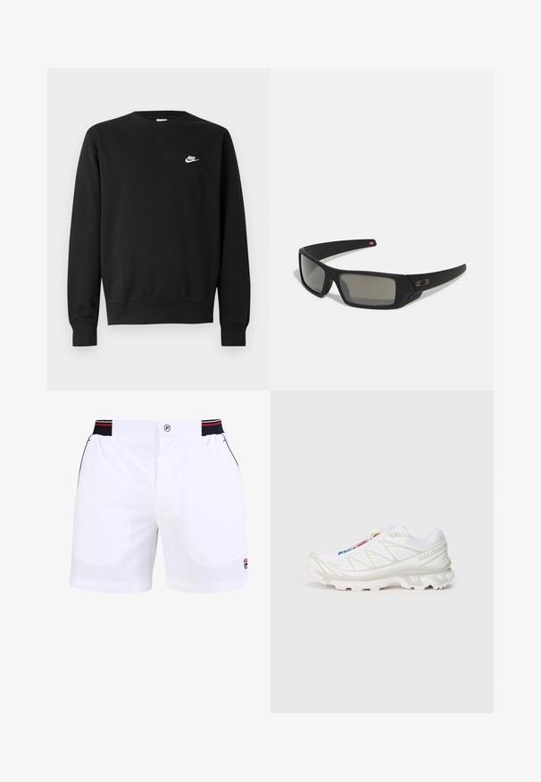 Mustast puuvillast dressipluus, millel on ümar kaelus, pikad varrukad ja väike valge Nike logo paremal ülakõhul.; Valged spordilühikesed püksid musta ja punase elastse vöökohtaga, esi-taskud ja Fila logo alumises paremas nurgas. Sile kangatekstuur.; Valge sportlik jalanõud tekstureeritud võrgupealisega, peegeldavate detailidega ja pehme tallaga. Märkimisväärne brändi logo küljel.; Mustad mustaga viimistlusega prillid, ristkülikukujulised läätsed, templite kerge kõverus, diskreetne logo detail ja suitsutatud läätsed.