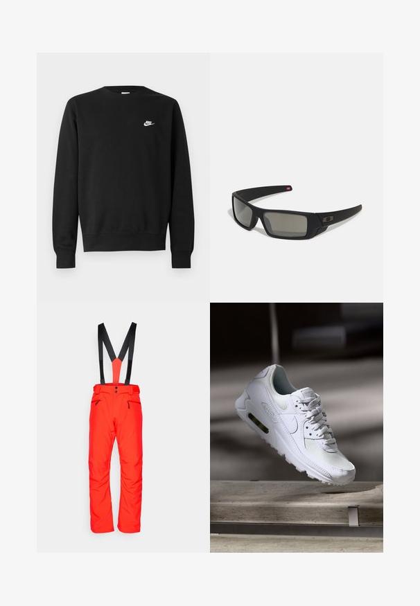 Mustast puuvillast dressipluus, millel on ümar kaelus, pikad varrukad ja väike valge Nike logo paremal ülakõhul.; Salomon EDGE PANT - Suusapüksid - cherry tomato; Valged Nike Air Max 90 sneakers, millel on võrkkangast ja nahast ülemine osa, aukudega varbadosa ning nähtav õhuüksus kandades.; Mustad mustaga viimistlusega prillid, ristkülikukujulised läätsed, templite kerge kõverus, diskreetne logo detail ja suitsutatud läätsed.