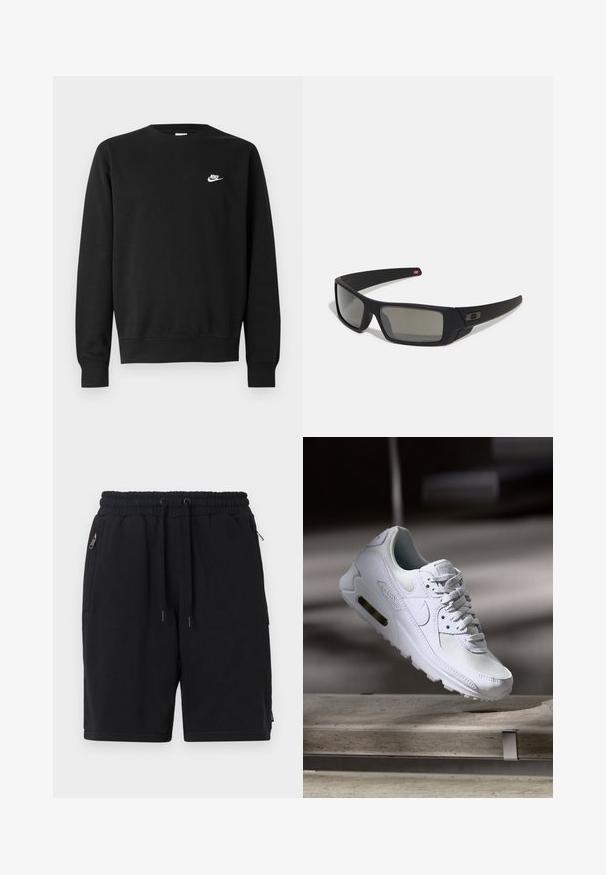 Zwarte sweater van katoen, met een ronde hals, lange mouwen en een klein wit Nike-logo aan de bovenkant van de linkerborst.; Zwarte shorts van zachte stof, met een elastische tailleband en trekkoord, twee zijzakken met rits en een eenvoudig ontwerp.; Witte Nike Air Max 90 sneaker met een bovenwerk van mesh en leer, een geperforeerde teenbox en een zichtbare luchtunit in de hiel.; Zwarte zonnebril met een matte afwerking, rechthoekige glazen, een lichte kromming op de slapen, subtiele logodetails en rookgetinte glazen.