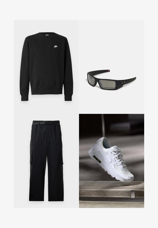 Svart genser i bomull med rund hals, lange ermer og en liten hvit Nike-logo øverst til venstre på brystet.; Svarte cargo-bukser laget av lett stoff, med elastisk midje, justerbart belte og flere sidelommer.; Hvit Nike Air Max 90 sneakers med øvre del laget av mesh og skinn, perforert tåboks og en synlig luftenhet i hælen.; Sorte solbriller med mat finish, rektangulære linser, lett kurv på brillestengene, diskret logo detaljer, og røyktinted linser.