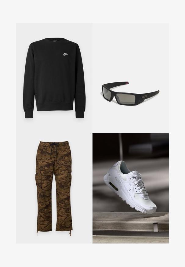 Schwarzer Sweatshirt aus Baumwolle mit rundem Ausschnitt, langen Ärmeln und einem kleinen weißen Nike-Logo auf der oberen linken Brust.; Braune Cargo-Hosen mit strukturiertem Camouflage-Muster, ausgestattet mit einem elastischen Bund, Kordelzug und seitlichen Taschen. Lässige Passform, gerade Bein.; Weiße Nike Air Max 90 Sneaker mit einem Obermaterial aus Mesh und Leder, durchlässigem Zehenbereich und einer sichtbaren Air-Einheit in der Ferse.; Schwarze Sonnenbrille mit matter Oberfläche, rechteckigen Gläsern, leichtem Bogen an den Schläfen, dezentem Logo-Detail und rauchgetönten Gläsern.