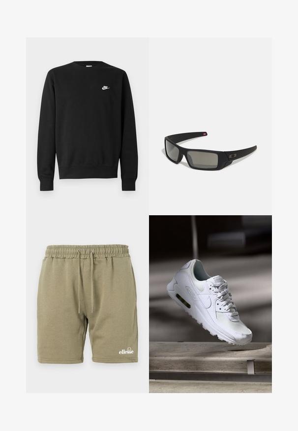 Schwarzer Sweatshirt aus Baumwolle mit rundem Ausschnitt, langen Ärmeln und einem kleinen weißen Nike-Logo auf der oberen linken Brust.; Olivgrüne Sweatshorts aus weichem Baumwollmix, mit einem elastischen Taillenbund und Kordelzug sowie einem gedruckten Logo in der unteren Ecke.; Weiße Nike Air Max 90 Sneaker mit einem Obermaterial aus Mesh und Leder, durchlässigem Zehenbereich und einer sichtbaren Air-Einheit in der Ferse.; Schwarze Sonnenbrille mit matter Oberfläche, rechteckigen Gläsern, leichtem Bogen an den Schläfen, dezentem Logo-Detail und rauchgetönten Gläsern.