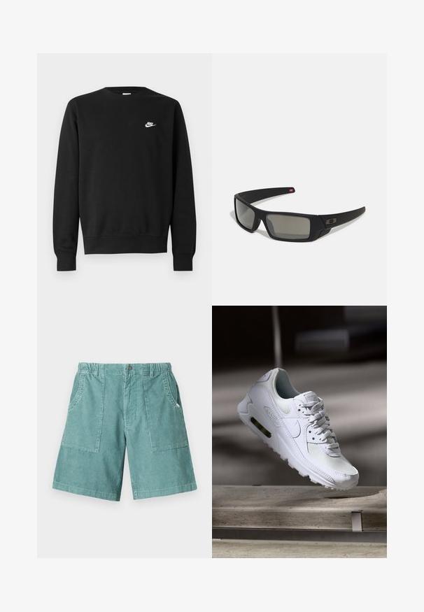 Black sweatshirt made of cotton, featuring a round neck, long sleeves, and a small white Nike logo on the upper left chest.; Cotton corduroy shorts in light teal, featuring an elastic waistband, two side pockets, and a knee-length cut. Textured vertical stripes.; White Nike Air Max 90 sneaker featuring a mesh and leather upper, perforated toe box, and a visible air unit in the heel.; Black sunglasses with a matte finish, rectangular lenses, slight curve on temples, subtle logo detail, and smoke-tinted lenses.