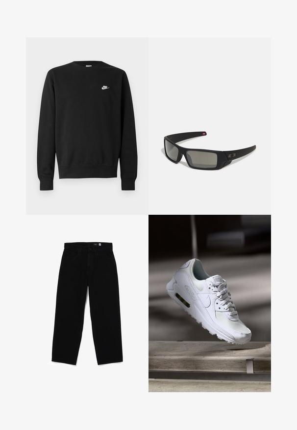 Schwarzer Sweatshirt aus Baumwolle mit rundem Ausschnitt, langen Ärmeln und einem kleinen weißen Nike-Logo auf der oberen linken Brust.; Schwarze Baumwolljeans im Straight-Leg-Stil mit Knopfverschluss, fünf Taschen und glatter Textur. Das Etikett im Inneren des Bundes zeigt die Größe 32.; Weiße Nike Air Max 90 Sneaker mit einem Obermaterial aus Mesh und Leder, durchlässigem Zehenbereich und einer sichtbaren Air-Einheit in der Ferse.; Schwarze Sonnenbrille mit matter Oberfläche, rechteckigen Gläsern, leichtem Bogen an den Schläfen, dezentem Logo-Detail und rauchgetönten Gläsern.