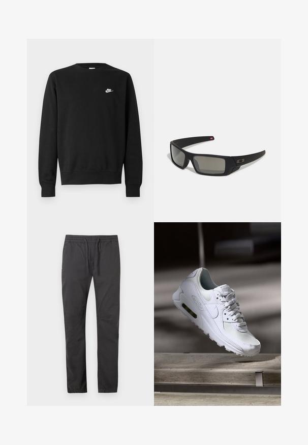 Sort sweatshirt lavet af bomuld med rund hals, lange ærmer og et lille hvidt Nike-logo på øverste venstre bryst.; Sorte, letvægtsbukser med elastisk talje og snore. Har tapered ben og sidelommer for praktisk anvendelse.; Hvide Nike Air Max 90 sneakers med en overdel i mesh og læder, perforeret tåboks og en synlig luftenhed i hælen.; Sorte solbriller med mat finish, rektangulære linser, let kurve ved templerne, diskret logo detaljer og røgfarvede linser.