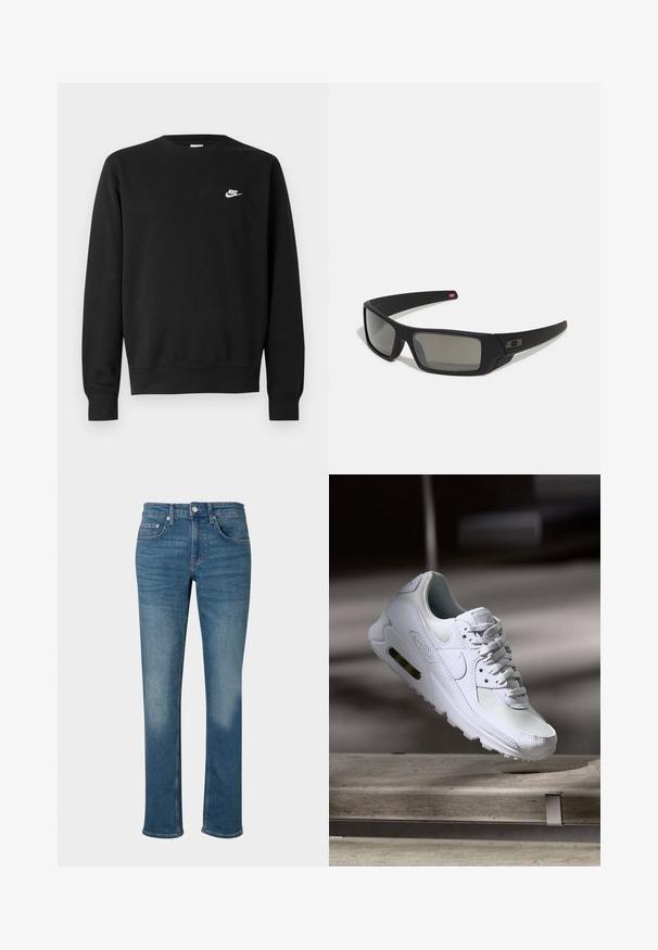 Zwarte sweater van katoen, met een ronde hals, lange mouwen en een klein wit Nike-logo aan de bovenkant van de linkerborst.; Denim jeans in een medium blauwe wassing, met een rechte pasvorm, standaard vijf-pocket ontwerp en metalen knoopsluiting in de taille.; Witte Nike Air Max 90 sneaker met een bovenwerk van mesh en leer, een geperforeerde teenbox en een zichtbare luchtunit in de hiel.; Zwarte zonnebril met een matte afwerking, rechthoekige glazen, een lichte kromming op de slapen, subtiele logodetails en rookgetinte glazen.