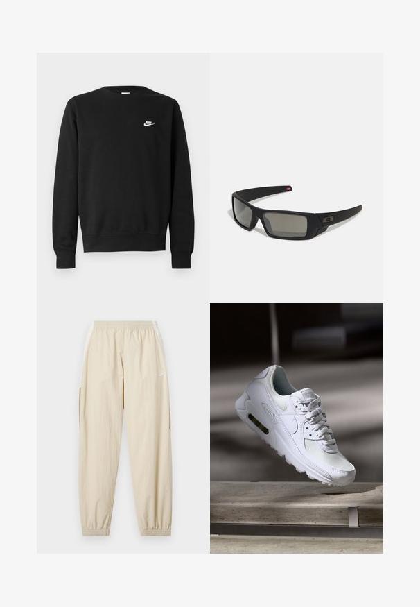 Sweatshirt preta de algodão, com gola redonda, mangas compridas e pequeno logótipo branco da Nike no lado superior esquerdo do peito.; Calças de jogging leves em bege, com cintura elástica, tornozelos ajustados, bolsos laterais e um discreto logótipo da Nike em branco na coxa esquerda.; Sapatilha Nike Air Max 90 branca com parte superior em malha e couro, caixa de dedos perfurada e uma unidade de ar visível no calcanhar.; Óculos de sol pretos com acabamento mate, lentes retangulares, leve curvatura nas hastes, detalhe sutil do logo e lentes de cor fumada.