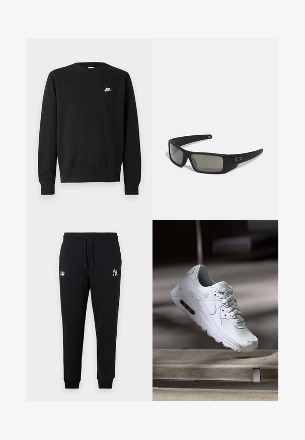 Sweatshirt preta de algodão, com gola redonda, mangas compridas e pequeno logótipo branco da Nike no lado superior esquerdo do peito.; Calças de moletão pretas feitas de uma mistura de algodão, apresentando uma cintura elástica com cordões, punhos canelados e um logótipo bordado na perna esquerda.; Sapatilha Nike Air Max 90 branca com parte superior em malha e couro, caixa de dedos perfurada e uma unidade de ar visível no calcanhar.; Óculos de sol pretos com acabamento mate, lentes retangulares, leve curvatura nas hastes, detalhe sutil do logo e lentes de cor fumada.
