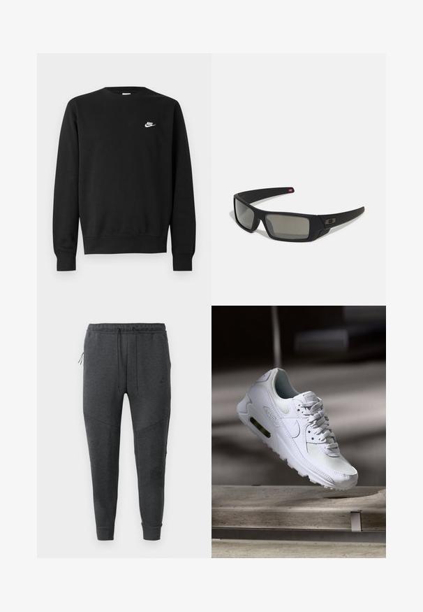 Sweatshirt preta de algodão, com gola redonda, mangas compridas e pequeno logótipo branco da Nike no lado superior esquerdo do peito.; Calças de jogging Nike cinza escuro, com cintura ajustável por cordão, bolso lateral com fecho, pernas afuniladas e punhos com nervuras, sobre um fundo branco.; Sapatilha Nike Air Max 90 branca com parte superior em malha e couro, caixa de dedos perfurada e uma unidade de ar visível no calcanhar.; Óculos de sol pretos com acabamento mate, lentes retangulares, leve curvatura nas hastes, detalhe sutil do logo e lentes de cor fumada.