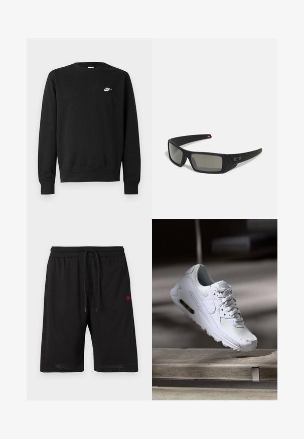 Sweatshirt preta de algodão, com gola redonda, mangas compridas e pequeno logótipo branco da Nike no lado superior esquerdo do peito.; Calções de malha pretos com uma cintura elástica, cordão ajustável e um pequeno logótipo vermelho do lado esquerdo. Tecido leve e respirável.; Sapatilha Nike Air Max 90 branca com parte superior em malha e couro, caixa de dedos perfurada e uma unidade de ar visível no calcanhar.; Óculos de sol pretos com acabamento mate, lentes retangulares, leve curvatura nas hastes, detalhe sutil do logo e lentes de cor fumada.