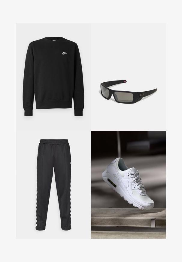 Fekete, pamutból készült pulóver kerek nyakkal, hosszú ujjakkal és a bal felső mellrészen egy kis fehér Nike logóval.; Fekete sportnadrág elasztikus derékpánttal, oldalsó cipzáras zsebekkel és fehér cikk-cakk mintával az oldalakon. Simább textúra.; Fehér Nike Air Max 90 sneaker, amely hálós és bőr felsőrésszel, perforált orr-résszel és látható légpárnás egységgel rendelkezik a saroknál.; Fekete napszemüveg matt felülettel, téglalap alakú lencsékkel, enyhe ívvel a templomokon, diszkrét logó részlettel és füstszínű lencsékkel.