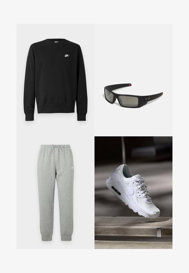 Sweatshirt preta de algodão, com gola redonda, mangas compridas e pequeno logótipo branco da Nike no lado superior esquerdo do peito.; Calças de treino cinzentas feitas de tecido macio, com cintura elástica e cordão, pernas afuniladas e um pequeno logótipo branco do lado.; Sapatilha Nike Air Max 90 branca com parte superior em malha e couro, caixa de dedos perfurada e uma unidade de ar visível no calcanhar.; Óculos de sol pretos com acabamento mate, lentes retangulares, leve curvatura nas hastes, detalhe sutil do logo e lentes de cor fumada.