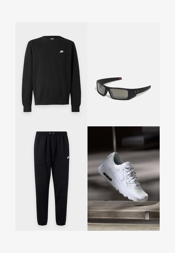 Melnā džemperis no kokvilnas ar apaļu izgriezumu, gariem piedurknēm un mazu balto Nike logotipu augšējā kreisajā krūtī.; Melni sporta bikses no mīksta auduma, ar elastīgu vidukli, kas regulējams ar auklu, sašaurinātām kājām un mazu baltu logotipu uz kreisās puses.; Baltas Nike Air Max 90 sporta apavi ar sietu un ādas augšdaļu, caurspīdīgu pirksta daļu un redzamu gaisa vienību papēdī.; Melni saulesbrilles ar matētu apdari, taisnstūra lēcām, nedaudz izliektiem tempļiem, smalkiem logotipa elementiem un dūmu nokrāsas lēcām.