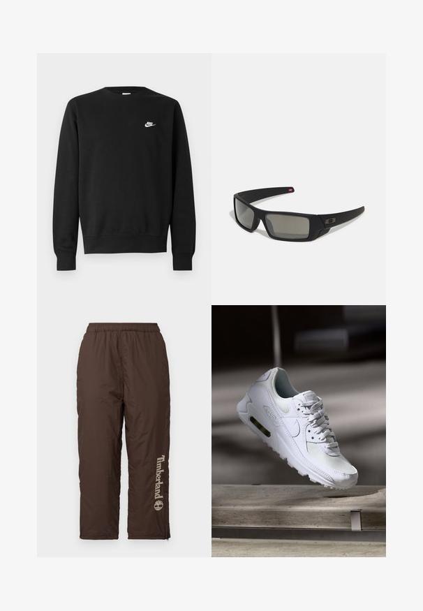 Sudadera negra de algodón, con cuello redondo, mangas largas y un pequeño logo blanco de Nike en el pecho superior izquierdo.; Pantalones de nailon marrones con una cinturilla elástica. Presentan un logo vertical de Timberland en beige claro. Textura suave, cremalleras en los tobillos para ajustar el fit.; Zapatilla Nike Air Max 90 blanca con parte superior de malla y cuero, caja de puntera perforada y unidad de aire visible en el talón.; Gafas de sol negras con acabado mate, lentes rectangulares, ligera curvatura en las patillas, sutil detalle del logo y lentes ahumados.
