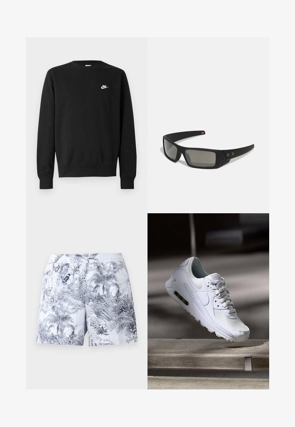 Czarna bluza z bawełny, z okrągłym dekoltem, długimi rękawami i małym białym logo Nike na górnej lewej stronie klatki piersiowej.; Kąpielówki w wzory na jasnoniebieskim tle, z ciemnoniebieskimi liśćmi i nadrukami zwierząt, elastyczny pasek w talii oraz detal z logo.; Białe sneakersy Nike Air Max 90 z siateczkowym i skórzanym wierzchem, perforowanym czubkiem oraz widoczną jednostką Air w pięcie.; Czarne okulary przeciwsłoneczne z matowym wykończeniem, prostokątne soczewki, lekko wygięte zauszniki, subtelny detal z logo oraz szkła w odcieniu dymnym.