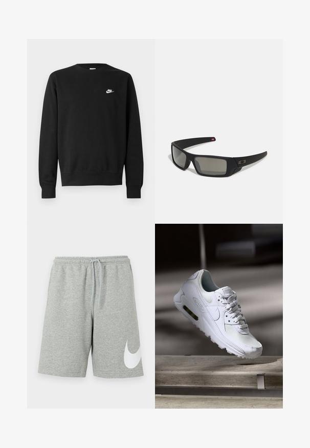 Sweatshirt preta de algodão, com gola redonda, mangas compridas e pequeno logótipo branco da Nike no lado superior esquerdo do peito.; Shorts de algodão cinza com um cós elástico e cordão ajustável. Apresenta um grande logotipo branco da Nike na perna esquerda.; Sapatilha Nike Air Max 90 branca com parte superior em malha e couro, caixa de dedos perfurada e uma unidade de ar visível no calcanhar.; Óculos de sol pretos com acabamento mate, lentes retangulares, leve curvatura nas hastes, detalhe sutil do logo e lentes de cor fumada.