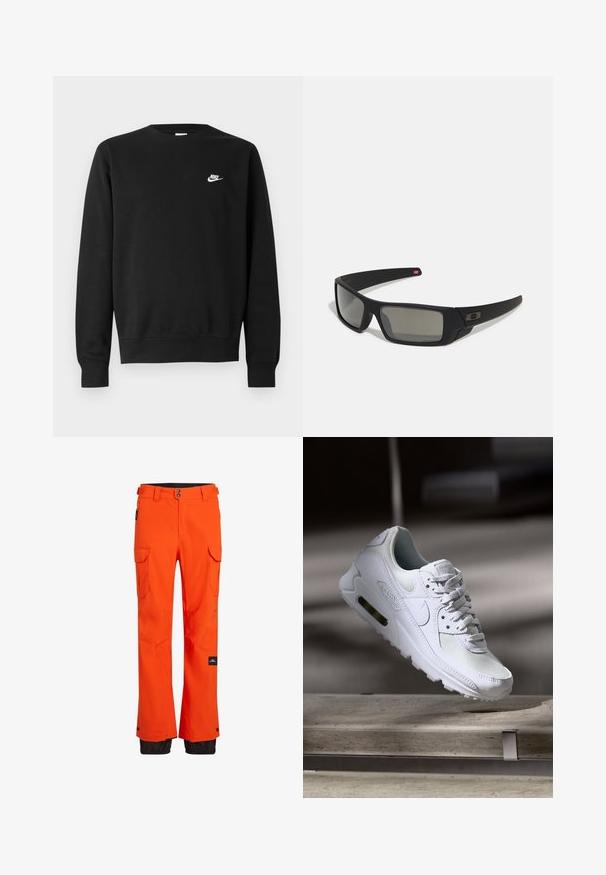 Czarna bluza z bawełny, z okrągłym dekoltem, długimi rękawami i małym białym logo Nike na górnej lewej stronie klatki piersiowej.; Pomarańczowe spodnie narciarskie z wodoodpornym materiałem, wyposażone w liczne kieszenie cargo oraz czarne akcenty na dole dla zwiększenia trwałości.; Białe sneakersy Nike Air Max 90 z siateczkowym i skórzanym wierzchem, perforowanym czubkiem oraz widoczną jednostką Air w pięcie.; Czarne okulary przeciwsłoneczne z matowym wykończeniem, prostokątne soczewki, lekko wygięte zauszniki, subtelny detal z logo oraz szkła w odcieniu dymnym.