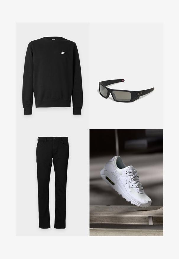 Svart genser i bomull med rund hals, lange ermer og en liten hvit Nike-logo øverst til venstre på brystet.; Sorte denimjeans med slim fit, som har frontlommer, belteløkker og knappelukking. Jeansen har en glatt tekstur med en ensfarget design.; Hvit Nike Air Max 90 sneakers med øvre del laget av mesh og skinn, perforert tåboks og en synlig luftenhet i hælen.; Sorte solbriller med mat finish, rektangulære linser, lett kurv på brillestengene, diskret logo detaljer, og røyktinted linser.