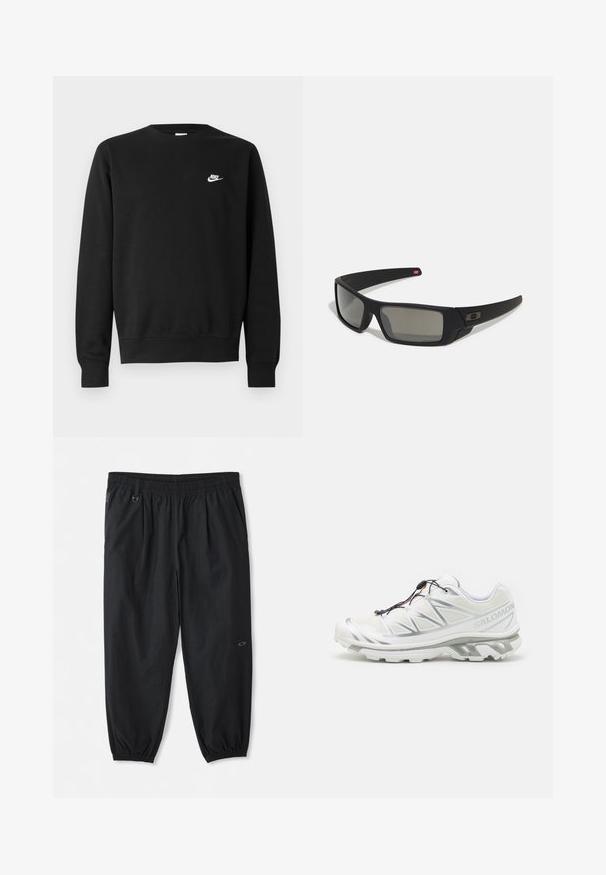 Zwarte sweater van katoen, met een ronde hals, lange mouwen en een klein wit Nike-logo aan de bovenkant van de linkerborst.; Zwarte casual broek met elastische taille en zijzakken, elastische cuffs bij de enkels en een klein logo op de rechterdij.; Witte sportieve schoen met een gestructureerde bovenkant, reflecterende accenten en een grijze zool. Kenmerkt zich door geaccentueerde opvallende driehoekige patronen en een snelvetersysteem.; Zwarte zonnebril met een matte afwerking, rechthoekige glazen, een lichte kromming op de slapen, subtiele logodetails en rookgetinte glazen.