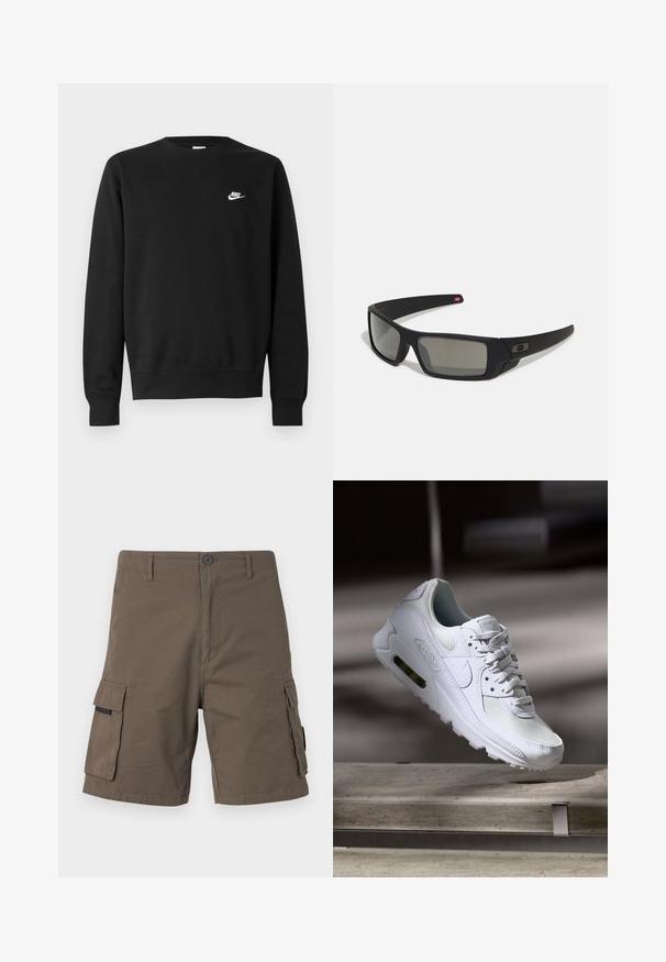 Black sweatshirt made of cotton, featuring a round neck, long sleeves, and a small white Nike logo on the upper left chest.; Cargo shorts in olive green, made from cotton, featuring two side pockets, a button closure, and a straight leg design.; White Nike Air Max 90 sneaker featuring a mesh and leather upper, perforated toe box, and a visible air unit in the heel.; Black sunglasses with a matte finish, rectangular lenses, slight curve on temples, subtle logo detail, and smoke-tinted lenses.