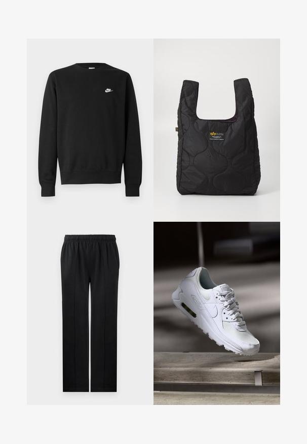 Črni pulover iz bombaža z okroglim izrezom, dolgimi rokavi in majhnim belim logotipom Nike na zgornjem levem delu prsnega koša.; Črne hlače iz mehkega blaga z elastičnim pasom, ravnim krojem in dvema stranskima žepoma. Imajo skrito šivanje.; Bela Nike Air Max 90 športna obutev z mrežastim in usnjenim zgornjim delom, perforiranim prstnim delom in vidno zračno enoto v peti.; Črna prešita torba z veliko odprtino, ukrivljenimi oblikami na površini in oznako z rumenim in belim besedilom spredaj.