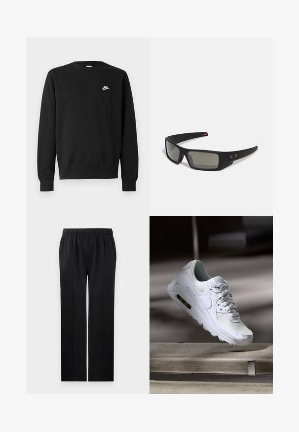 Sweatshirt preta de algodão, com gola redonda, mangas compridas e pequeno logótipo branco da Nike no lado superior esquerdo do peito.; Calças pretas feitas de um tecido suave, com uma cintura elástica, design de perna reta e dois bolsos laterais. Apresenta detalhes de costura invisíveis.; Sapatilha Nike Air Max 90 branca com parte superior em malha e couro, caixa de dedos perfurada e uma unidade de ar visível no calcanhar.; Óculos de sol pretos com acabamento mate, lentes retangulares, leve curvatura nas hastes, detalhe sutil do logo e lentes de cor fumada.