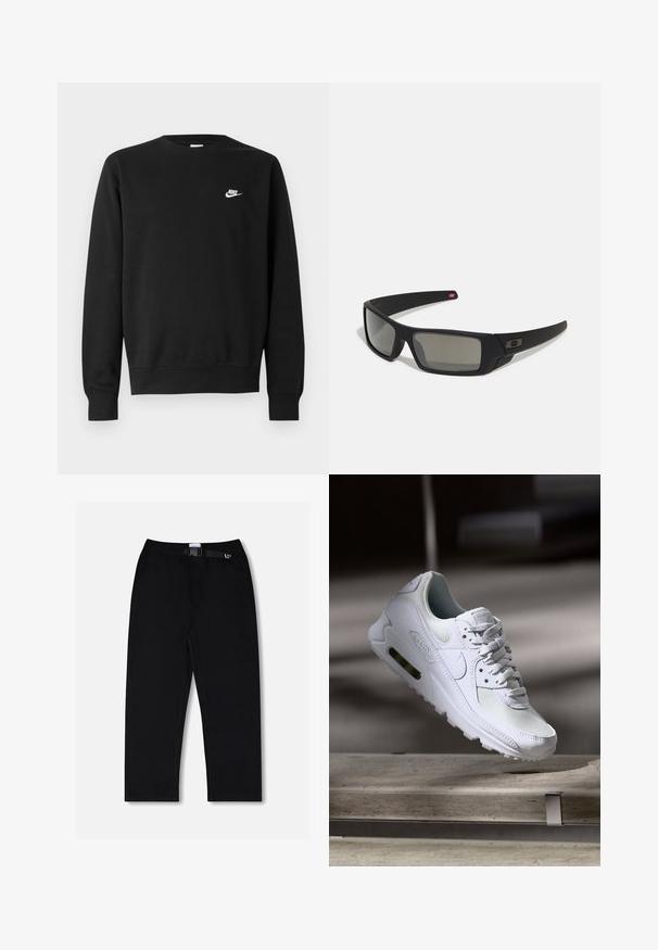 Sweat-shirt noir en coton, avec un col rond, des manches longues, et un petit logo Nike blanc sur la partie supérieure gauche de la poitrine.; Pantalon noir avec taille élastique et ceinture ajustable. Confectionné dans un tissu lisse, il présente des jambes droites et aucun motif prononcé.; Sneaker Nike Air Max 90 blanche avec une tige en mesh et cuir, une boîte à orteils perforée et une unité air visible au talon.; Lunettes de soleil noires avec une finition mate, verres rectangulaires, légère courbure sur les branches, détail de logo subtil et verres teintés fumés.