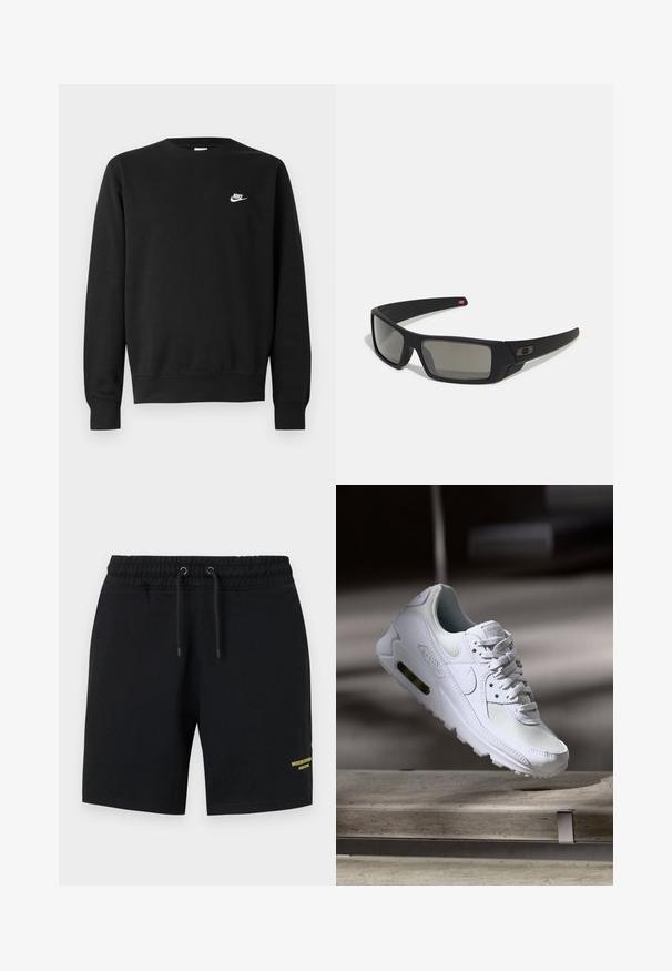 Melnā džemperis no kokvilnas ar apaļu izgriezumu, gariem piedurknēm un mazu balto Nike logotipu augšējā kreisajā krūtī.; Melnas kokvilnas bikses ar elastīgu jostu, kā arī auklas detaļu un dzeltenu tekstu akcentu apakšējā kreisajā kājā.; Baltas Nike Air Max 90 sporta apavi ar sietu un ādas augšdaļu, caurspīdīgu pirksta daļu un redzamu gaisa vienību papēdī.; Melni saulesbrilles ar matētu apdari, taisnstūra lēcām, nedaudz izliektiem tempļiem, smalkiem logotipa elementiem un dūmu nokrāsas lēcām.