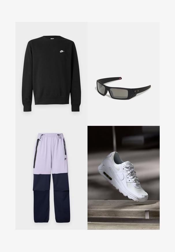 Melnā džemperis no kokvilnas ar apaļu izgriezumu, gariem piedurknēm un mazu balto Nike logotipu augšējā kreisajā krūtī.; Purpursarkani un tumši zili Nike bikses ar elastīgu jostu, aukliņu, sānu rāvējslēdzēja kabatām un krāsu bloku dizainu. Izgatavotas no viegla auduma.; Baltas Nike Air Max 90 sporta apavi ar sietu un ādas augšdaļu, caurspīdīgu pirksta daļu un redzamu gaisa vienību papēdī.; Melni saulesbrilles ar matētu apdari, taisnstūra lēcām, nedaudz izliektiem tempļiem, smalkiem logotipa elementiem un dūmu nokrāsas lēcām.
