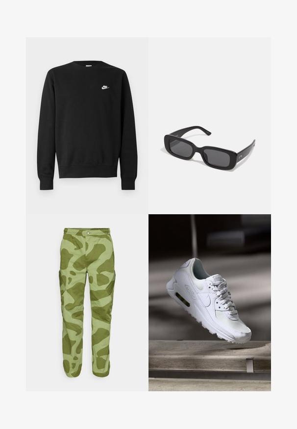 Melnā džemperis no kokvilnas ar apaļu izgriezumu, gariem piedurknēm un mazu balto Nike logotipu augšējā kreisajā krūtī.; Zaļas kamuflāžas kravas bikses ar brīvu piegriezumu, kurām ir sānu kabatas, regulējama jostasvieta un gaišzaļo un tumšzaļo rakstu maisījums.; Baltas Nike Air Max 90 sporta apavi ar sietu un ādas augšdaļu, caurspīdīgu pirksta daļu un redzamu gaisa vienību papēdī.; Melnas taisnstūra saulesbrilles ar tumšiem lēcām, gludām plastmasas rāmjiem un plašām kājām. Discreta zīmola atzīme uz sāniem.