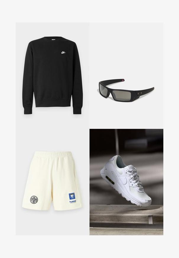Sweatshirt preta de algodão, com gola redonda, mangas compridas e pequeno logótipo branco da Nike no lado superior esquerdo do peito.; Calções atléticos de cor bege claro feitos de um tecido suave, com um cós elástico e dois logótipos: um emblema preto circular e um gráfico azul.; Sapatilha Nike Air Max 90 branca com parte superior em malha e couro, caixa de dedos perfurada e uma unidade de ar visível no calcanhar.; Óculos de sol pretos com acabamento mate, lentes retangulares, leve curvatura nas hastes, detalhe sutil do logo e lentes de cor fumada.
