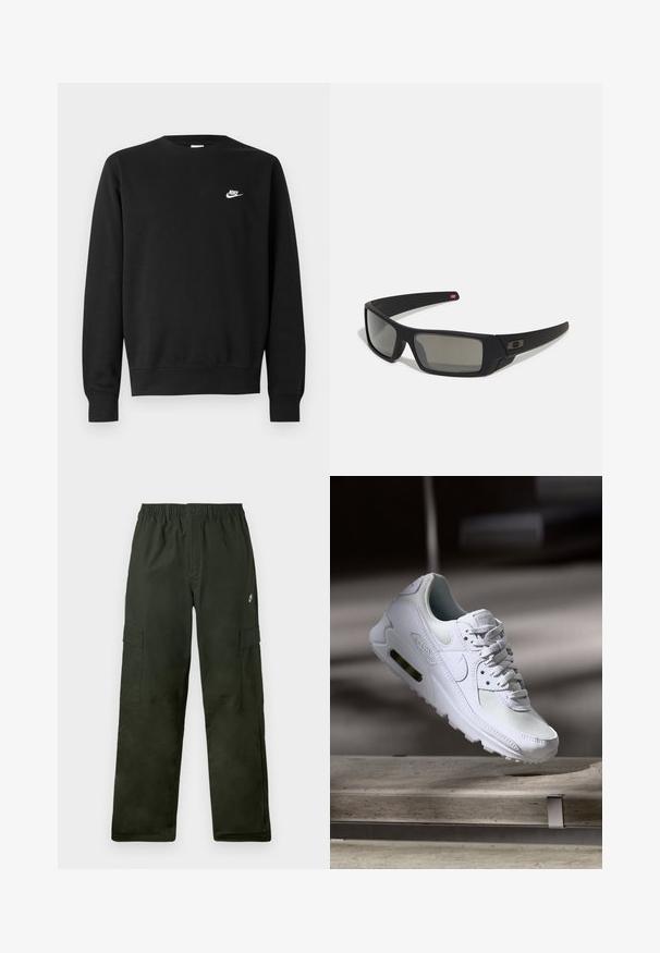 Črni pulover iz bombaža z okroglim izrezom, dolgimi rokavi in majhnim belim logotipom Nike na zgornjem levem delu prsnega koša.; Cargo hlače v temno zeleni tkanini z elastičnim pasom, ki vključujejo dve stranski žepi in majhen logotip spredaj.; Bela Nike Air Max 90 športna obutev z mrežastim in usnjenim zgornjim delom, perforiranim prstnim delom in vidno zračno enoto v peti.; Crne sončne naočale s mat površinom, pravokutne leće, blagi luk na sljepilima, diskretna oznaka i leće sa dimnim nijansama.