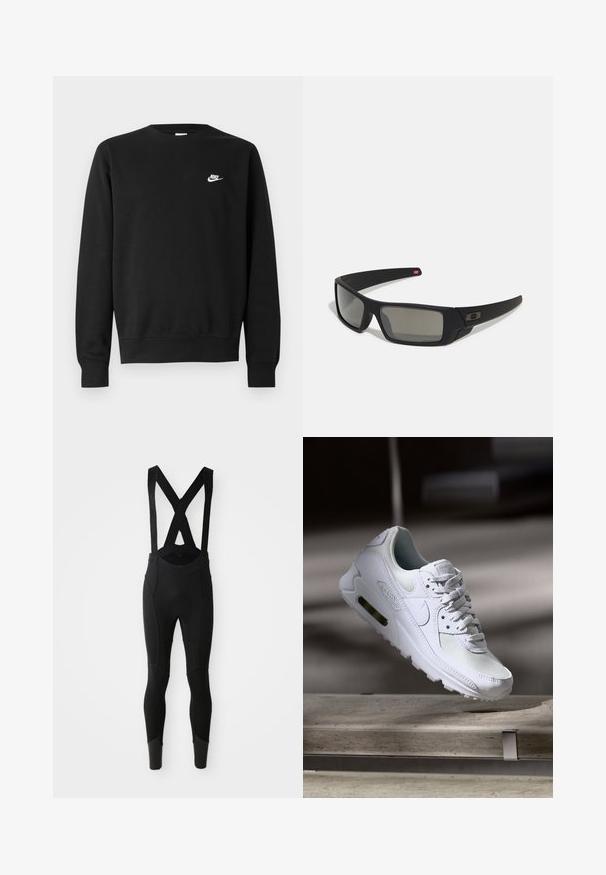 Juodas medvilninis džemperis su apvalia iškirpte, ilgomis rankovėmis ir mažu baltu „Nike“ logotipu viršutinėje kairėje krūtinės pusėje.; Juodi dviratininkų kombinezonai su reguliuojamais X formos petnešomis, tekstūruota panelė ir prigludusios kojos, siaurėjančios ties kulkšnimis.; Baltos Nike Air Max 90 sportbačiai su.comi ir odos viršumi, perforuota pirštų dėžute ir matomu oro pagalvėle kulne.; Juodi akiniai saulės su matinio paviršiaus užbaigimu, stačiakampiai lęšiai, švelnus lenkimas ant šventyklų, subtilus logotipo detalizavimas ir dūminiai lęšiai.