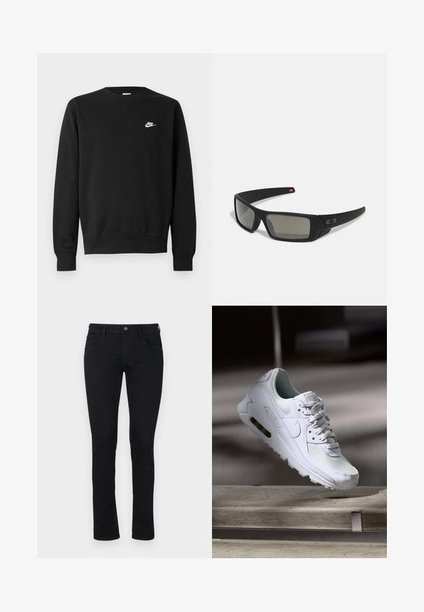 Svart genser i bomull med rund hals, lange ermer og en liten hvit Nike-logo øverst til venstre på brystet.; Sorte slim-fit jeans i denimmateriale med en glatt tekstur. Har fem lommer og glidelås ved midjen med knappelukking.; Hvit Nike Air Max 90 sneakers med øvre del laget av mesh og skinn, perforert tåboks og en synlig luftenhet i hælen.; Sorte solbriller med mat finish, rektangulære linser, lett kurv på brillestengene, diskret logo detaljer, og røyktinted linser.