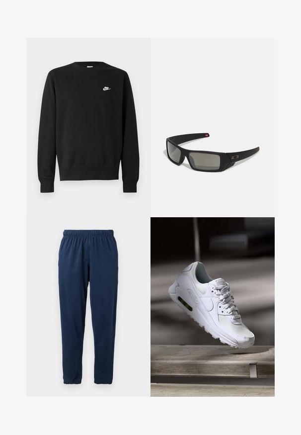 Sweatshirt preta de algodão, com gola redonda, mangas compridas e pequeno logótipo branco da Nike no lado superior esquerdo do peito.; Calças de treino azul-marinho feitas de um tecido macio, com uma cintura elástica e pernas ajustadas com punhos elásticos. Sem padrões ou detalhes visíveis.; Sapatilha Nike Air Max 90 branca com parte superior em malha e couro, caixa de dedos perfurada e uma unidade de ar visível no calcanhar.; Óculos de sol pretos com acabamento mate, lentes retangulares, leve curvatura nas hastes, detalhe sutil do logo e lentes de cor fumada.