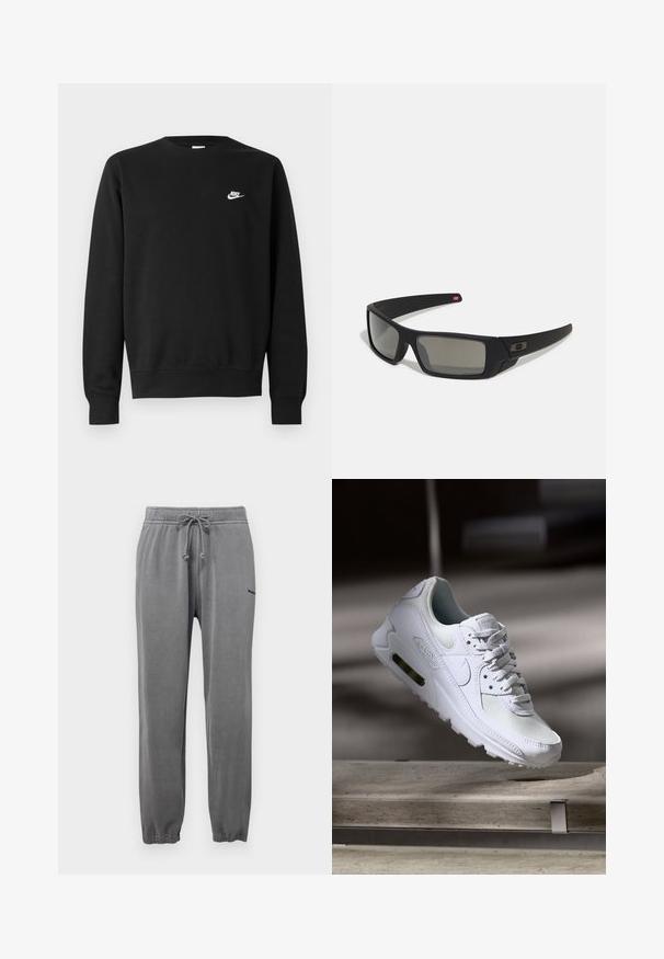 Czarna bluza z bawełny, z okrągłym dekoltem, długimi rękawami i małym białym logo Nike na górnej lewej stronie klatki piersiowej.; Abercrombie & Fitch TIMELESS ciemnoszary; Białe sneakersy Nike Air Max 90 z siateczkowym i skórzanym wierzchem, perforowanym czubkiem oraz widoczną jednostką Air w pięcie.; Czarne okulary przeciwsłoneczne z matowym wykończeniem, prostokątne soczewki, lekko wygięte zauszniki, subtelny detal z logo oraz szkła w odcieniu dymnym.