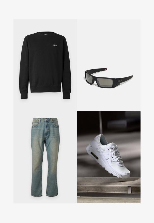 Hanorac negru din bumbac, cu guler rotund, mâneci lungi și un mic logo alb Nike pe partea superioară stângă a pieptului.; Jeans din denim albastru estompat, cu croi drept, cinci buzunare și închidere cu buton. Prezintă detalii subtile de spălare mai deschisă.; Adidașii Nike Air Max 90 albi, având un superior din plasă și piele, cutie pentru degete perforată și o unitate de aer vizibilă în călcâie.; Ochelari de soare negri cu o finisare mată, lentile dreptunghiulare, curbură ușoară pe bănci, detaliu subtil cu logo și lentile cu tentă fumurie.