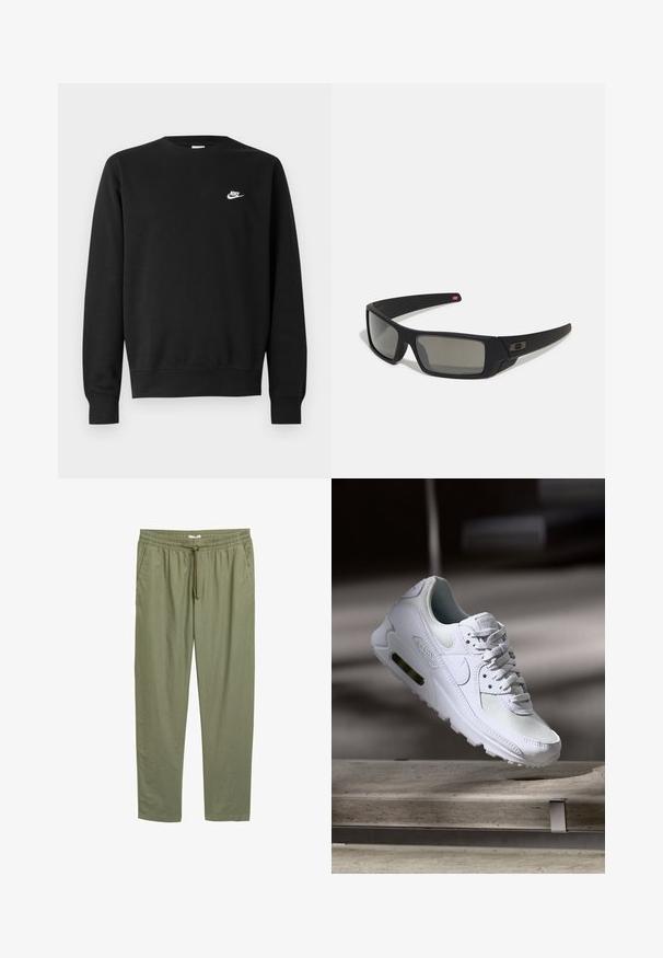 Schwarzer Sweatshirt aus Baumwolle mit rundem Ausschnitt, langen Ärmeln und einem kleinen weißen Nike-Logo auf der oberen linken Brust.; Olivengrüne, leichte, tapered Hosen mit elastischem Bund und Kordelzug. Verfügt über Seitentaschen und eine glatte Textur.; Weiße Nike Air Max 90 Sneaker mit einem Obermaterial aus Mesh und Leder, durchlässigem Zehenbereich und einer sichtbaren Air-Einheit in der Ferse.; Schwarze Sonnenbrille mit matter Oberfläche, rechteckigen Gläsern, leichtem Bogen an den Schläfen, dezentem Logo-Detail und rauchgetönten Gläsern.