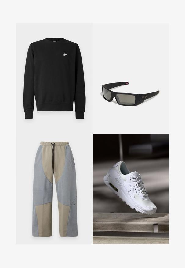 Čierna bavlnená mikina s okrúhlym výstrihom, dlhými rukávmi a malým bielym logom Nike na ľavej hornej strane hrudníka.; Pohodlné nohavice vo voľnom strihu s šedobéžovou farebnou schémou, ktoré majú textúrované látkové panely a šnúrku v páse. Logo Nike na jednej strane.; Biele tenisky Nike Air Max 90 s vrchnou časťou z kože a sieťoviny, perforovanou špičkou a viditeľnou vzduchovou jednotkou v päte.; Čierne slnečné okuliare s matným povrchom, obdĺžnikové šošovky, mierna krivka na straničkách, nenápadný detail loga a šošovky so zafírovaným tónovaním.