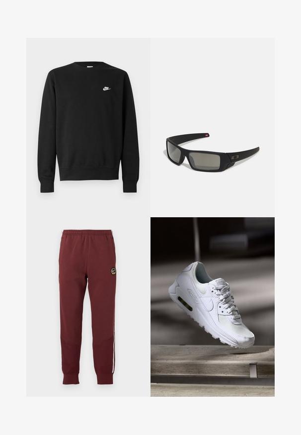 Juodas medvilninis džemperis su apvalia iškirpte, ilgomis rankovėmis ir mažu baltu „Nike“ logotipu viršutinėje kairėje krūtinės pusėje.; Bordo sportinės kelnės su šešiakampiu Nike logotipu, elastinga juosta, dviem šoninėmis kišenėmis ir baltais šoniniais raštais. Tekstūruotas audinys su įdėtu kojų dizainu.; Baltos Nike Air Max 90 sportbačiai su.comi ir odos viršumi, perforuota pirštų dėžute ir matomu oro pagalvėle kulne.; Juodi akiniai saulės su matinio paviršiaus užbaigimu, stačiakampiai lęšiai, švelnus lenkimas ant šventyklų, subtilus logotipo detalizavimas ir dūminiai lęšiai.