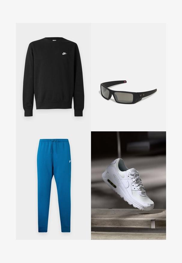 Juodas medvilninis džemperis su apvalia iškirpte, ilgomis rankovėmis ir mažu baltu „Nike“ logotipu viršutinėje kairėje krūtinės pusėje.; Mėlynos treniruotės kelnės su elastinga juosmens juosta ir reguliuojamu raiščiu. Ant šlaunies yra baltas logotipas, o kulkšnys siaurėja.; Baltos Nike Air Max 90 sportbačiai su.comi ir odos viršumi, perforuota pirštų dėžute ir matomu oro pagalvėle kulne.; Juodi akiniai saulės su matinio paviršiaus užbaigimu, stačiakampiai lęšiai, švelnus lenkimas ant šventyklų, subtilus logotipo detalizavimas ir dūminiai lęšiai.
